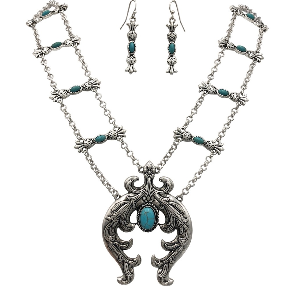 Squash Blossom Turquoise Necklace Earrings Set